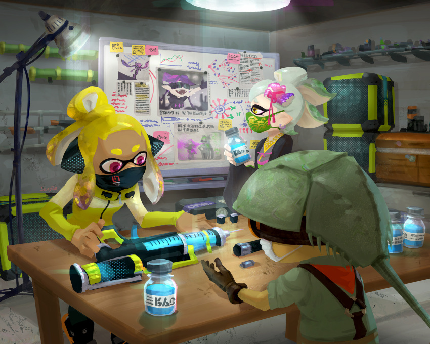 1boy, 2girls, agent_4_(splatoon), callie_(splatoon), colored_skin, highres, jacket, japanese_clothes, kimono, lamp, marie_(splatoon), mask, mouth_mask, multiple_girls, sheldon_(splatoon), splatoon_(series), splatoon_2, squidbeak_splatoon, stup-jam, table, tentacle_hair, weapon, whiteboard, yellow_skin