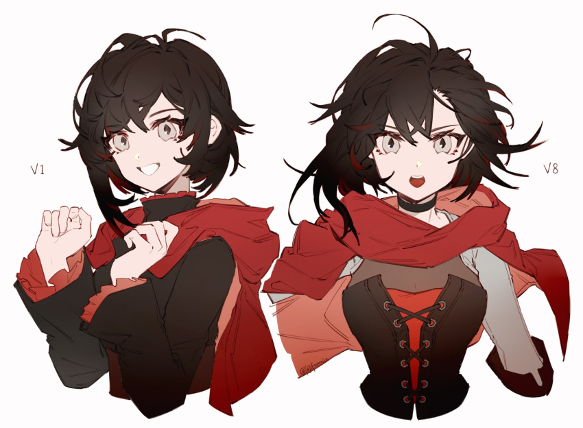 1girl, alternate_costume, black_hair, cape, cloak, corset, grey_eyes, highres