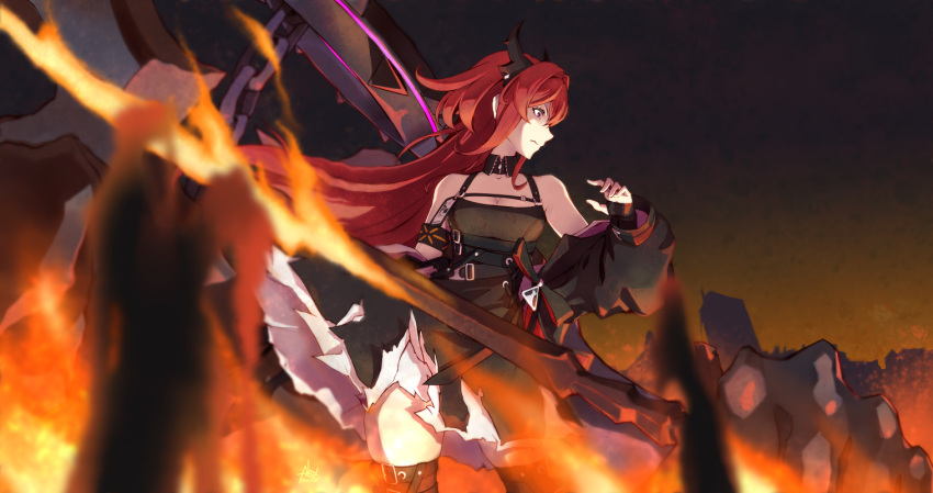1girl, akashingo_(rotampel), arknights, black_dress, demon_girl, demon_horns, dress, holding