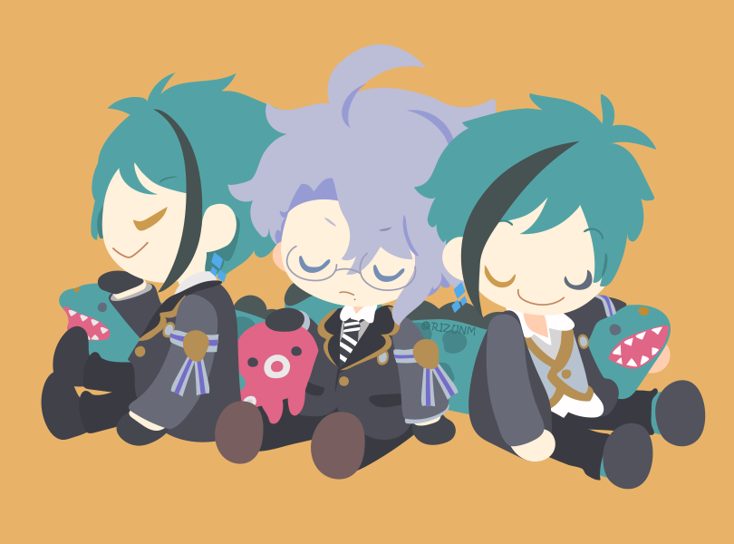 3boys, :>, ahoge, armband, azul_ashengrotto, black_gloves, black_hair, black_jacket