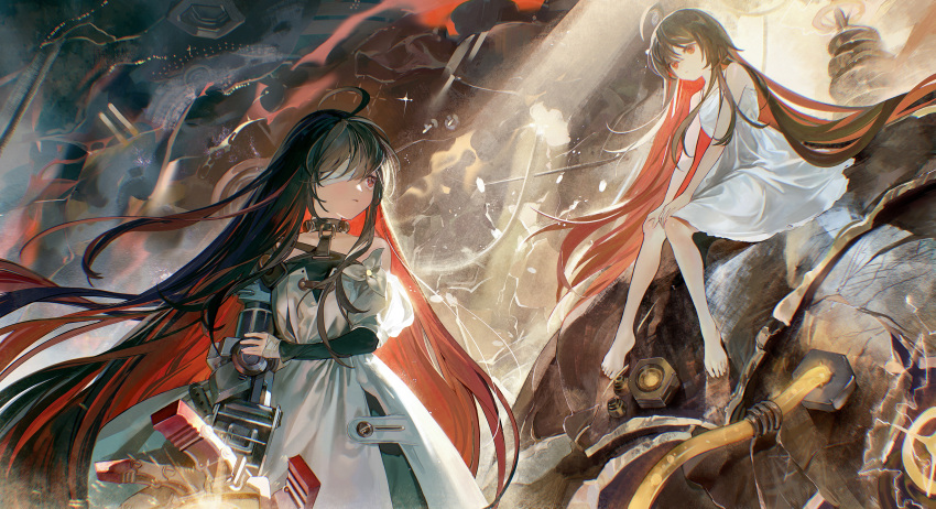 2girls, absurdres, ahoge, alchemy_stars, bandage_over_one_eye, bangs, bare_shoulders, barefoot