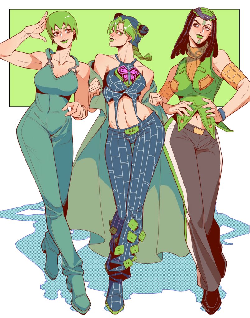 3girls, aqua_overalls, arm_up, bare_shoulders, black_hair, black_pants, braid, braided_bun