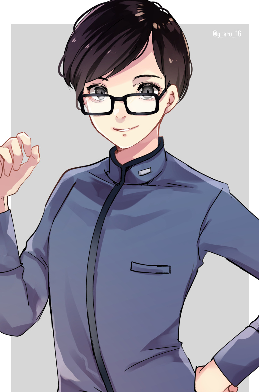 1boy, absurdres, aru16, black-framed_eyewear, black_eyes, grey_background, hand_on_hip, hand_up