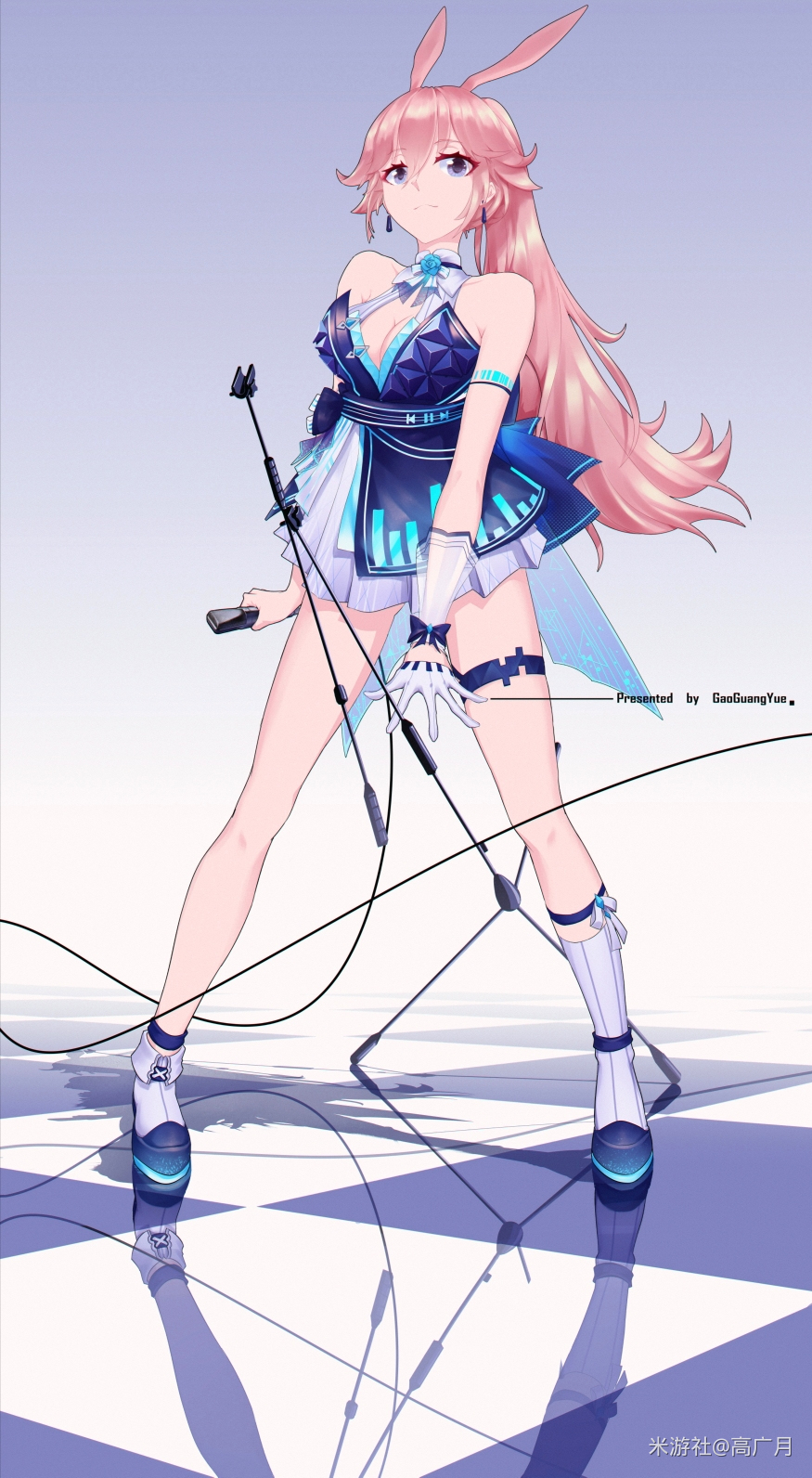 1girl, animal_ears, bangs, bare_shoulders, blue_dress, breasts, checkered, checkered_floor