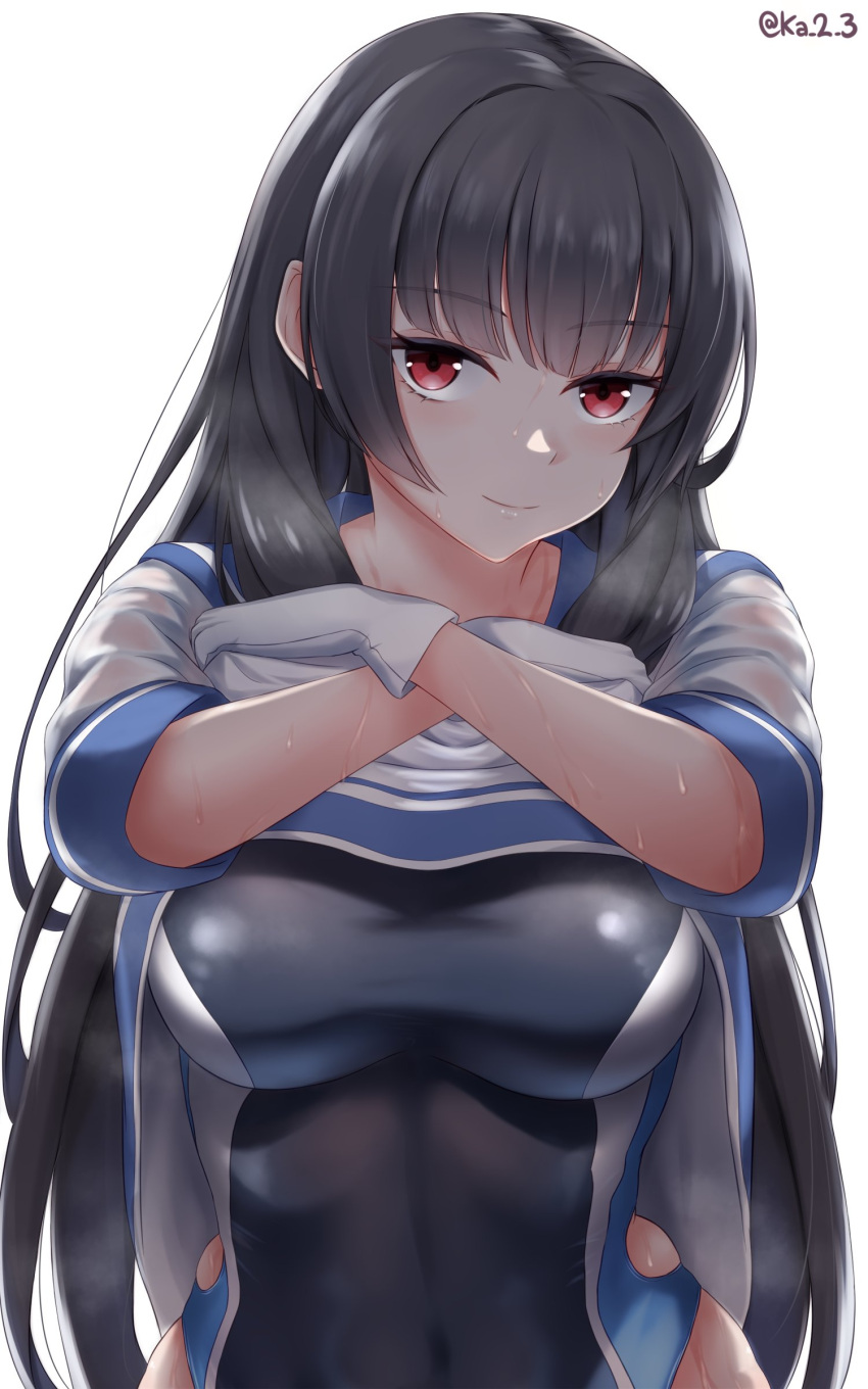 1girl, absurdres, alternate_costume, black_hair, black_swimsuit, blue_sailor_collar, breasts, clothes_lift