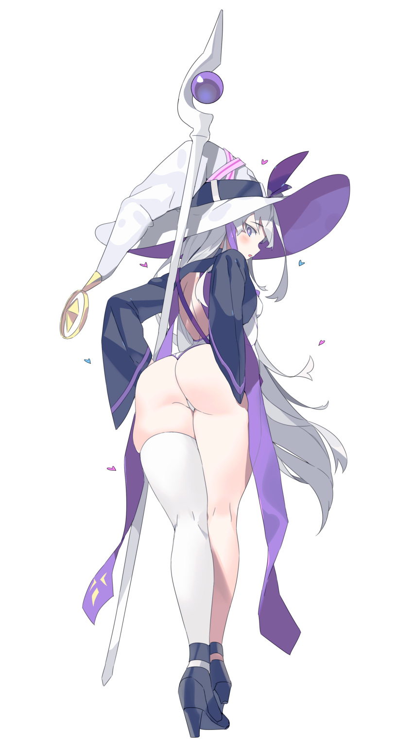 1girl, absurdres, ass, black_footwear, blue_eyes, blush, breasts, commission, from_behind, full_body, gogoco, hat, highres, holding, holding_staff, long_hair, long_sleeves, looking_at_viewer, looking_back, open_mouth, original, rostina_cosmos, second-party_source, shoes, simple_background, single_thighhigh, small_breasts, staff, standing, thigh-highs, thighs, very_long_hair, white_background, white_hair, white_headwear, white_legwear, witch_hat