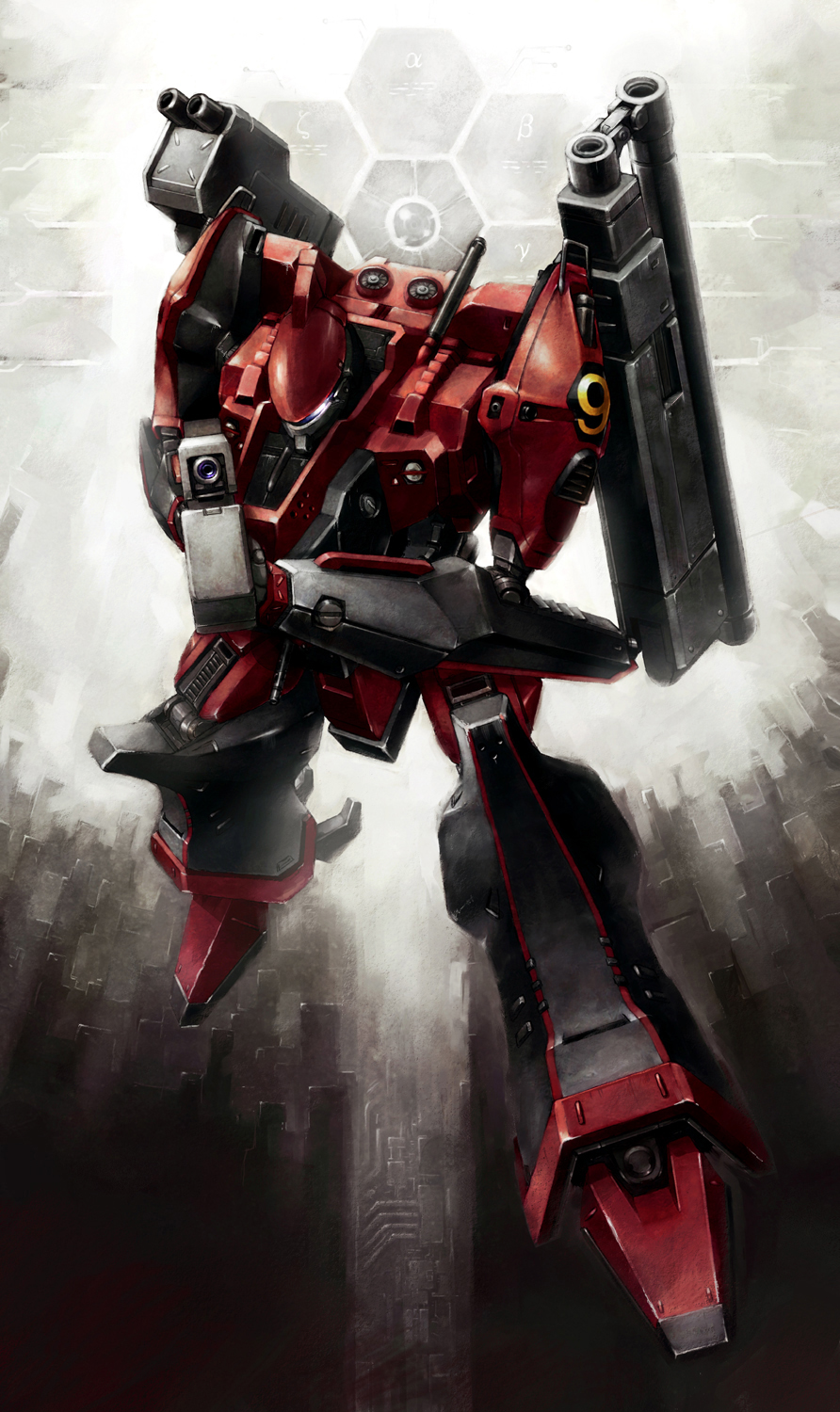 aiming_at_viewer, armored_core, highres, holding, holding_weapon, lemin, looking_at_viewer, mecha