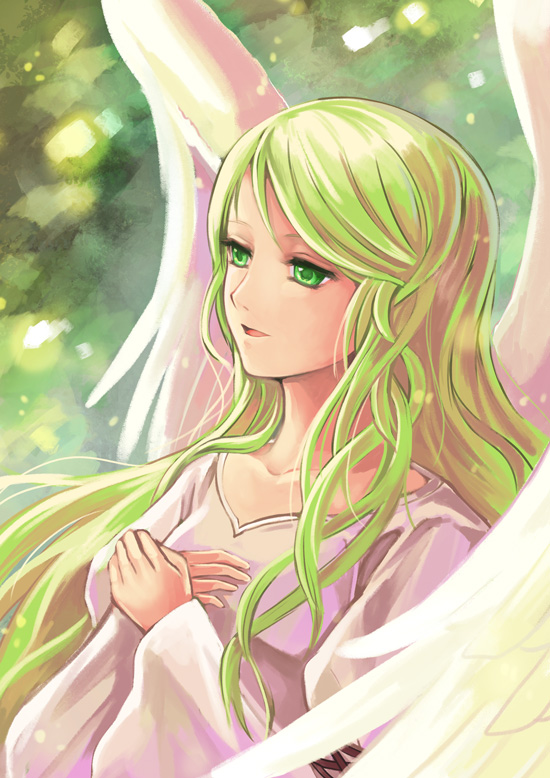 1girl, :d, akr369akr, angel_wings, bangs, blonde_hair, collarbone, dress