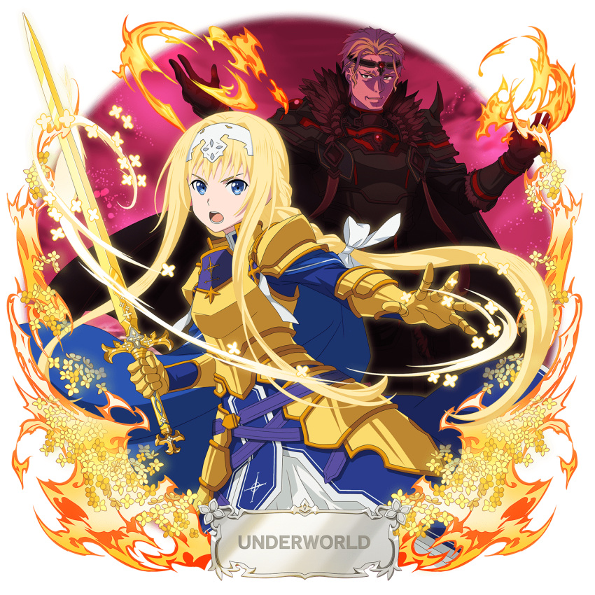 1boy, 1girl, alice_zuberg, armor, armored_dress, bangs, black_cape, blonde_hair