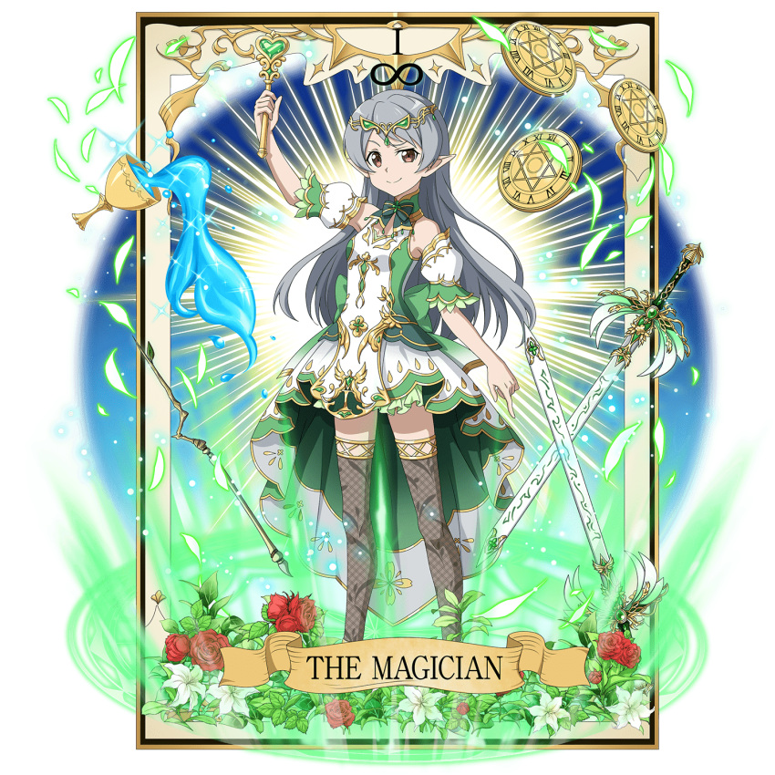 1girl, arm_up, bangs, brown_eyes, card_(medium), circlet, closed_mouth, detached_collar, detached_sleeves, floating_hair, flower, full_body, green_neckwear, green_sleeves, grey_legwear, highres, holding, lily_(flower), long_hair, looking_at_viewer, multicolored_sleeves, official_art, plaid, plaid_legwear, pointy_ears, red_flower, red_rose, rose, seven_(sao), sheath, sheathed, shiny, shiny_hair, short_sleeves, silver_hair, skirt, smile, solo, swept_bangs, sword, sword_art_online, tarot_arcana, the_magician_(tarot), thigh-highs, transparent_background, very_long_hair, wand, weapon, white_flower, white_skirt, white_sleeves