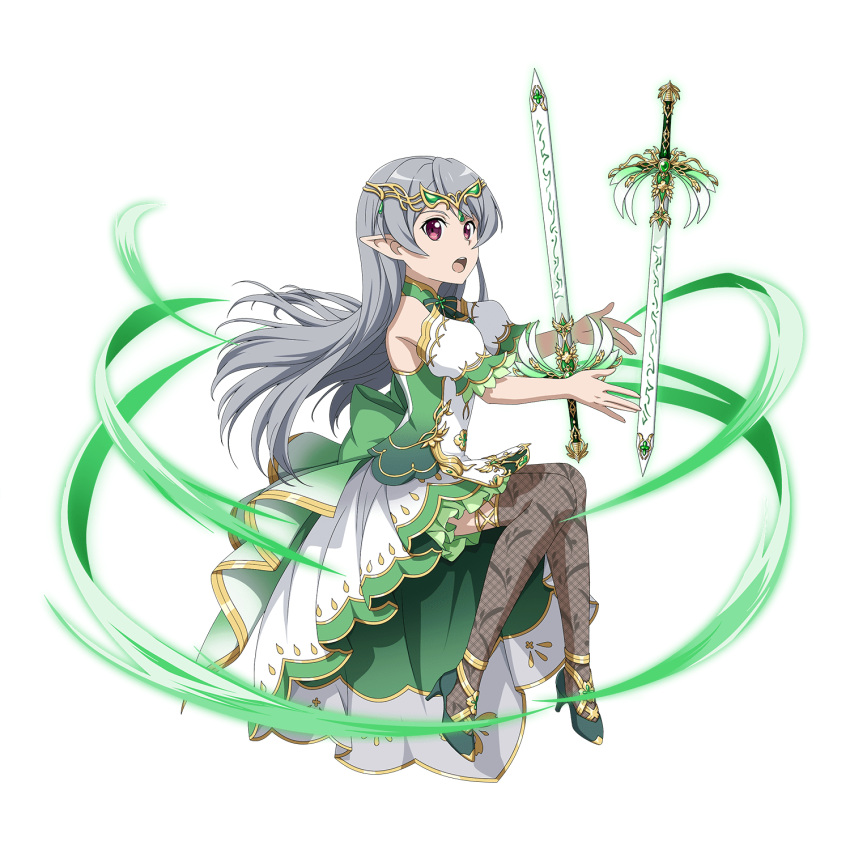 1girl, circlet, detached_sleeves, floating_hair, full_body, grey_legwear, high_heels, highres, invisible_chair, long_hair, official_art, open_mouth, plaid, plaid_legwear, pleated_skirt, pointy_ears, pumps, red_eyes, seven_(sao), shiny, shiny_hair, short_sleeves, silver_hair, sitting, skirt, solo, sword, sword_art_online, thigh-highs, transparent_background, very_long_hair, weapon, white_skirt, white_sleeves