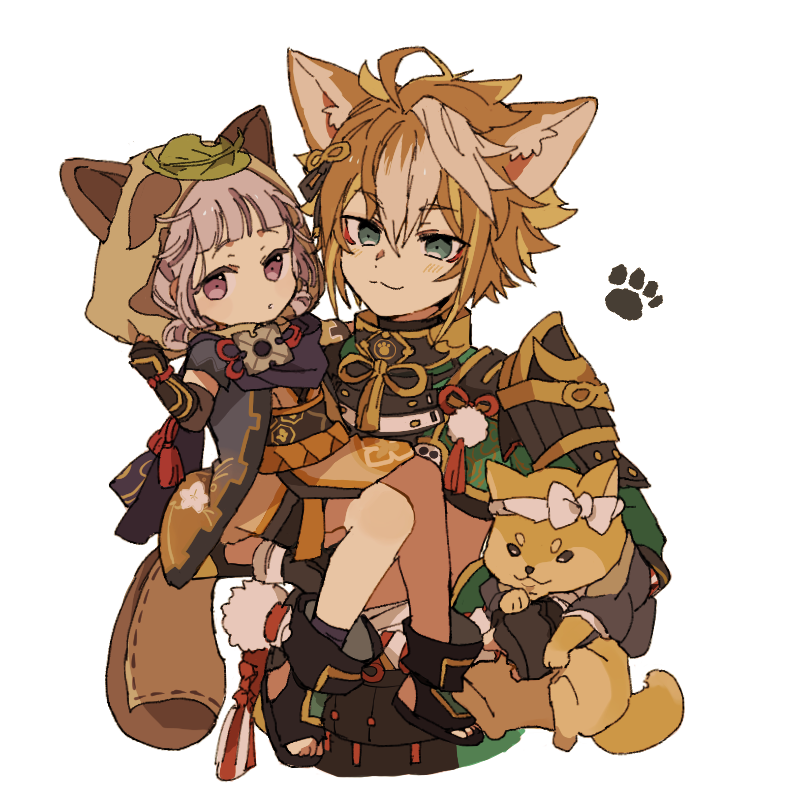 1boy, 1girl, :3, ahoge, animal_ears, animal_hood, armor, bangs