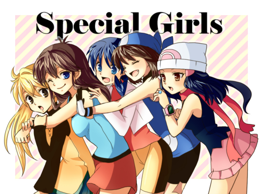 bandana, bike_shorts, blonde_hair, blue_(pokemon), blue_eyes, blue_hair, brown_eyes, brown_hair