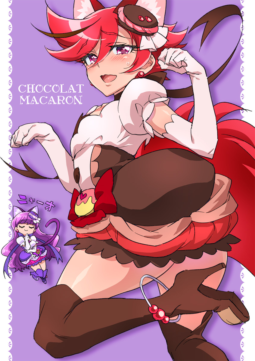 2girls, alternate_color, animal_ears, brown_legwear, cat_ears, cat_tail, chibi, closed_eyes