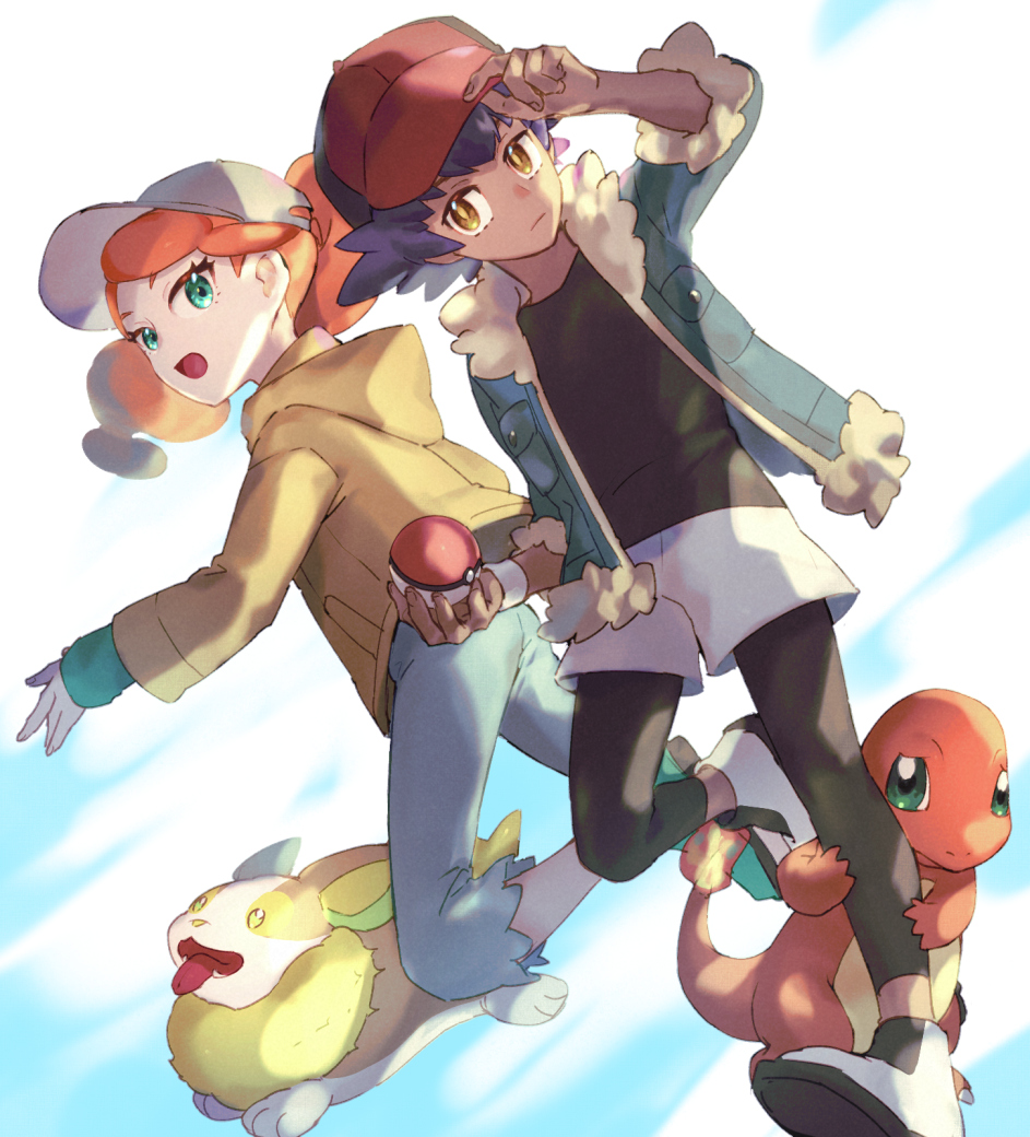 1boy, 1girl, bangs, baseball_cap, capri_pants, charmander, closed_mouth, commentary_request