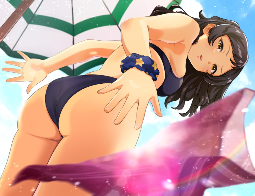1girl, :o, ass, bangs, bikini, black_bikini, black_hair, blue_scrunchie, blue_sky, blush, breasts, clouds, from_below, hanamasa_ono, highres, idolmaster, idolmaster_million_live!, kitazawa_shiho, light_particles, looking_at_viewer, looking_down, open_mouth, outdoors, purple_sarong, sarong, scrunchie, sky, small_breasts, solo, star_(symbol), star_print, swimsuit, umbrella, upper_teeth, yellow_eyes