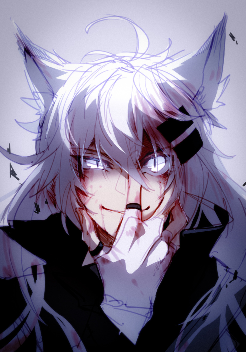 1girl, animal_ears, antenna_hair, arknights, bangs, black_jacket, blaise_(akigayakozato), blood