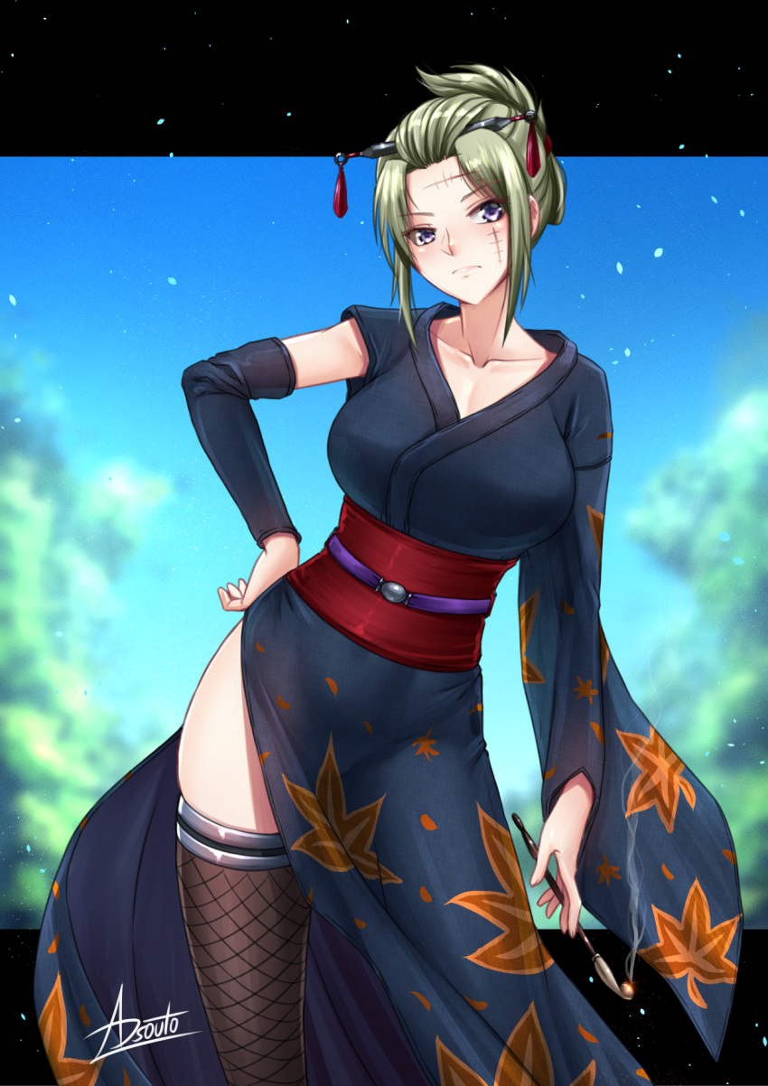 1girl, adsouto, black_kimono, black_legwear, breasts, detached_sleeves, fishnet_legwear, fishnets