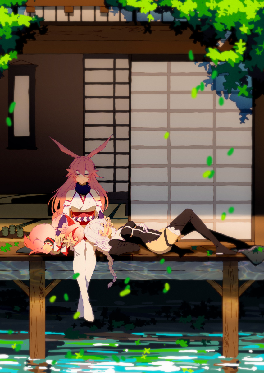 3girls, absurdres, animal_ears, architecture, bare_shoulders, black_footwear, blaise_(akigayakozato), boots