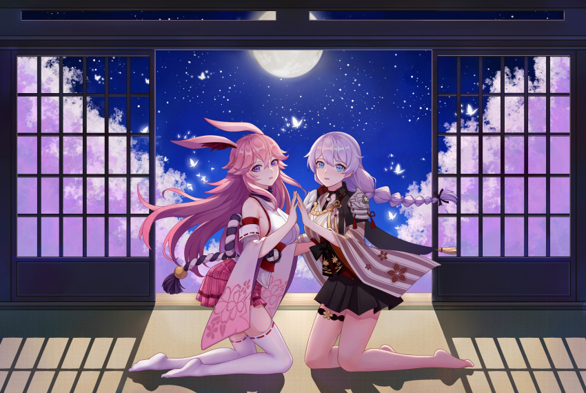 2girls, absurdres, animal_ears, bangs, bare_shoulders, barefoot, blue_eyes, braid