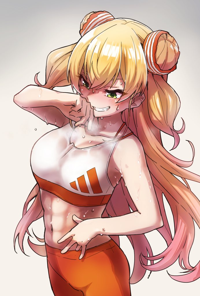 1girl, abs, bangs, bike_shorts, blonde_hair, collarbone, double_bun, gradient_hair