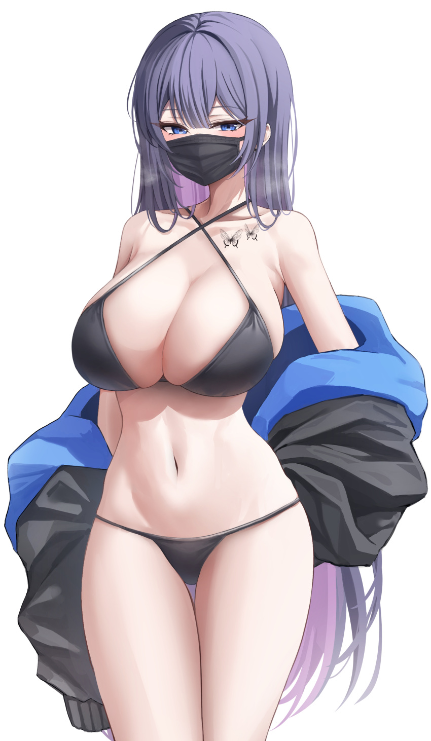 1girl, absurdres, bangs, bikini, biya_(1024), black_bikini, blue_eyes, blunt_bangs, blush, breasts, breath, butterfly_tattoo, collarbone, colored_inner_hair, cowboy_shot, highres, large_breasts, long_hair, mask, mouth_mask, multicolored_hair, navel, original, pink_hair, purple_hair, removing_jacket, simple_background, skindentation, solo, swimsuit, tattoo, thigh_gap, thighs, two-tone_hair, very_long_hair, white_background
