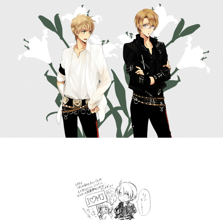america_(hetalia), axis_powers_hetalia, belt, blonde_hair, blue_eyes, buckle, crossed_arms, flower