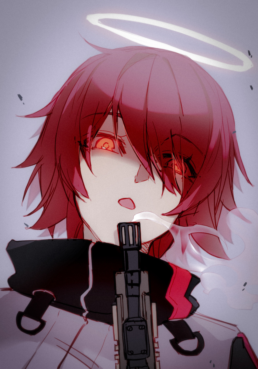 1girl, :o, arknights, bangs, blaise_(akigayakozato), blowing, exusiai_(arknights), gesugao