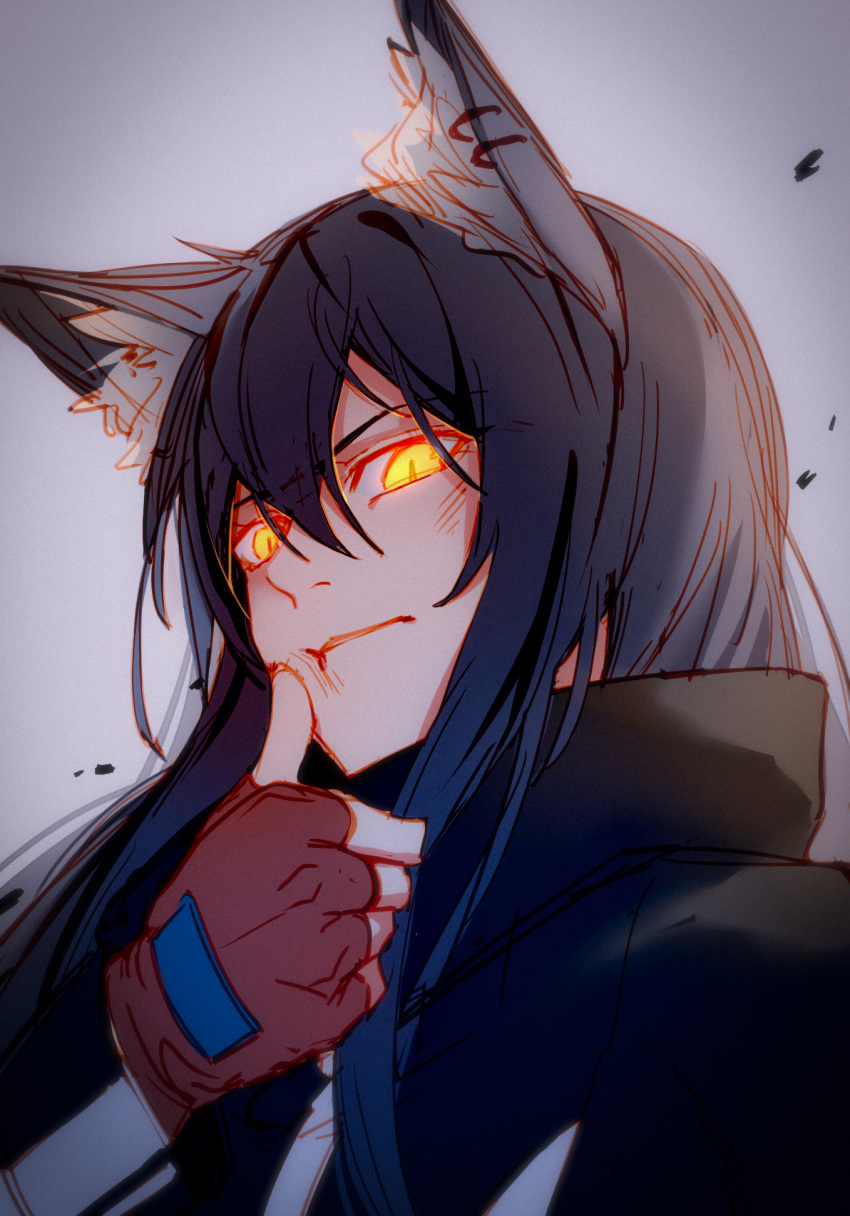 1girl, animal_ears, arknights, bangs, black_hair, black_jacket, blaise_(akigayakozato), closed_mouth
