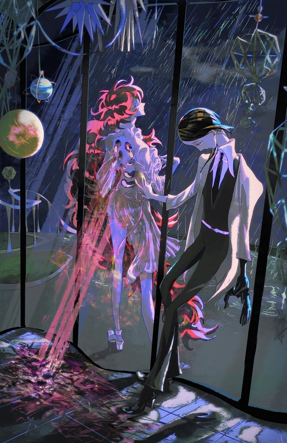 2others, absurdly_long_hair, against_glass, androgynous, backless_dress, backless_outfit, black_footwear, black_gloves