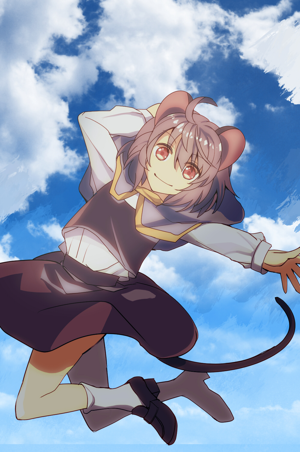 1girl, animal_ears, arms_up, bangs, black_footwear, black_skirt, black_vest, blue_sky