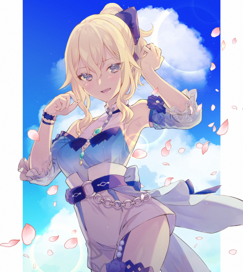 1girl, armpits, bare_shoulders, belt, blonde_hair, blouse, blue_blouse, blue_bow