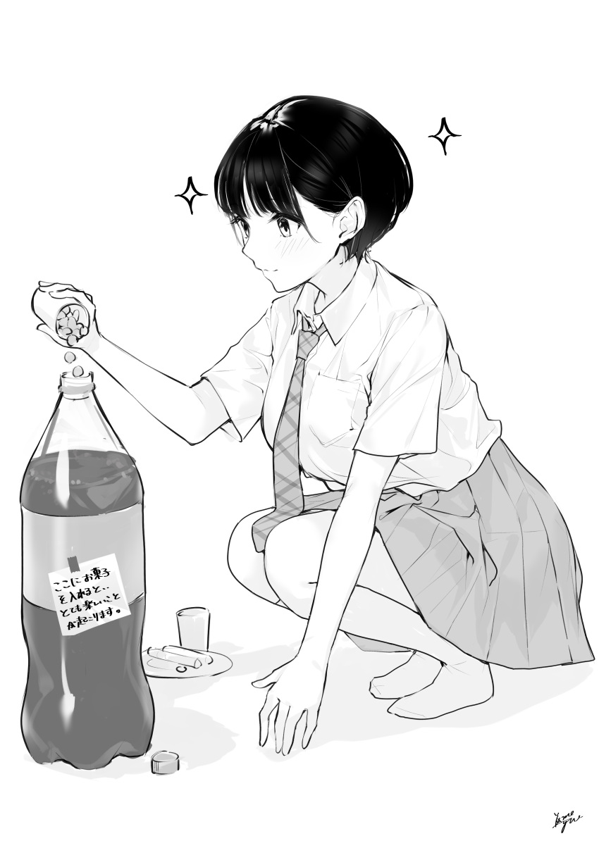 1girl, absurdres, bottle, greyscale, highres, mentos, monochrome, original