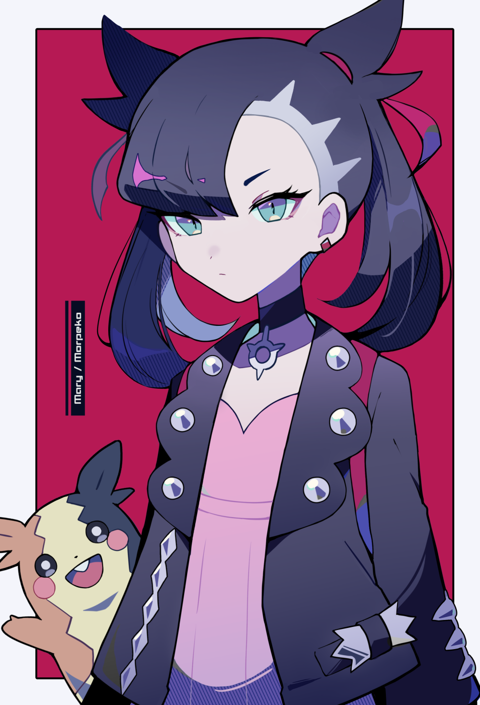 1girl, asymmetrical_bangs, bangs, black_choker, black_hair, black_jacket, character_name, choker