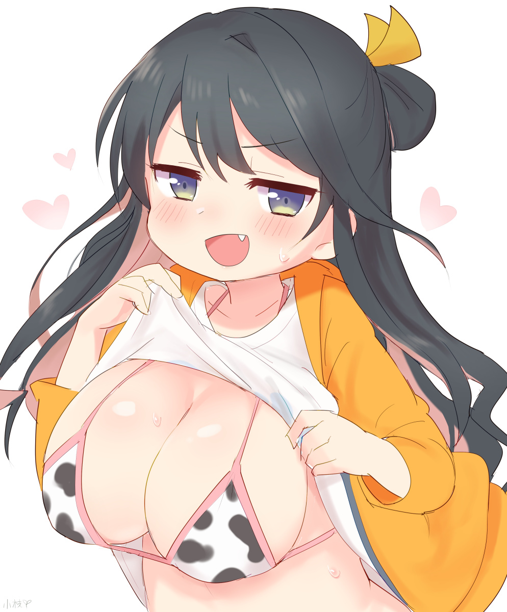 1girl, animal_print, bangs, bikini, black_hair, blush, breasts, clothes_lift