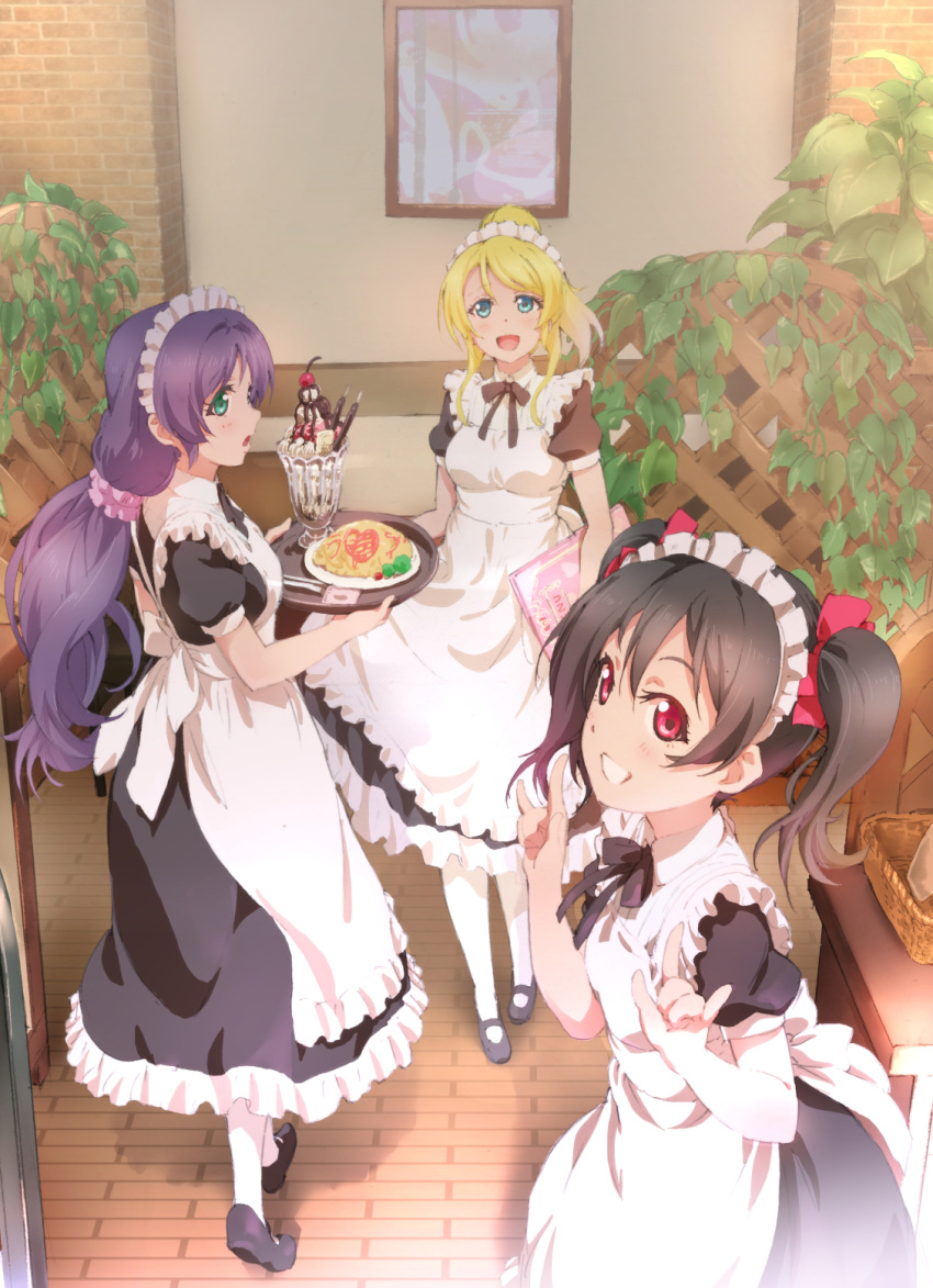 alternate_costume, apron, aqua_eyes, ayase_eli, black_footwear, black_hair, blonde_hair, blue_eyes, enmaided, food, grin, hands_up, highres, holding, holding_plate, koukaku, long_hair, looking_at_viewer, love_live!, love_live!_school_idol_project, low_twintails, maid, maid_apron, maid_headdress, mary_janes, open_mouth, pantyhose, plate, ponytail, puffy_short_sleeves, puffy_sleeves, purple_hair, red_eyes, shoes, short_sleeves, smile, toujou_nozomi, twintails, white_legwear, yazawa_nico