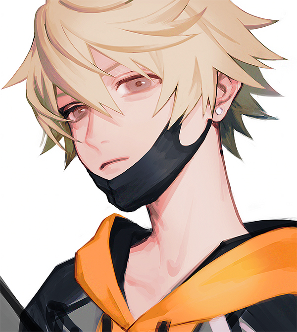 1boy, 9ibem, bangs, blonde_hair, brown_eyes, closed_mouth, ear_piercing, hair_between_eyes
