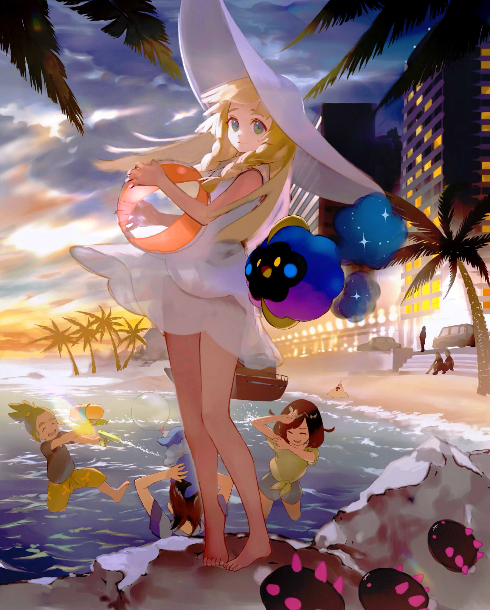 2boys, 2girls, ball, barefoot, beach, beachball, black_shirt, blonde_hair