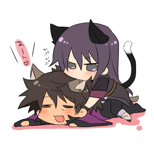amazu_(tokyo), animal_ears, biting, black_eyes, black_hair, cat_ears, cat_tail, chibi