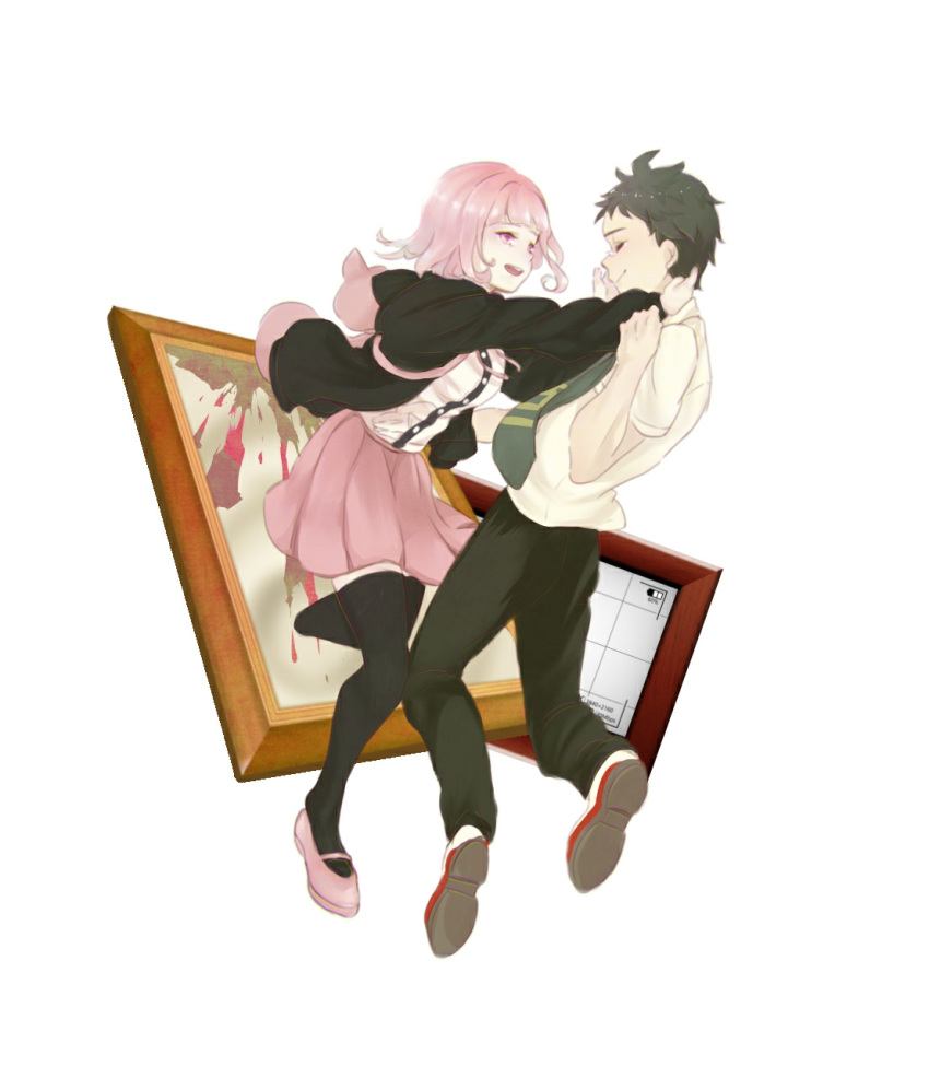 1boy, 1girl, :d, animal_bag, bangs, black_jacket, black_legwear, black_shirt, blunt_bangs, brown_pants, cat_bag, cha_bakashi, closed_eyes, commentary_request, dangan_ronpa_(series), dangan_ronpa_2:_goodbye_despair, dress_shirt, full_body, green_neckwear, grey_background, grey_shirt, hands_up, highres, hinata_hajime, jacket, leaning_back, looking_at_another, nanami_chiaki, necktie, open_clothes, open_jacket, open_mouth, pants, pink_footwear, pink_hair, pink_skirt, sad_smile, shirt, shirt_tucked_in, shoes, skirt, smile, tears, thigh-highs, upper_teeth, white_shirt