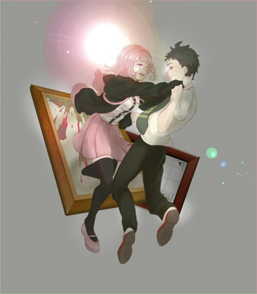 1boy, 1girl, :d, animal_bag, bangs, black_jacket, black_legwear, black_shirt, blunt_bangs, brown_pants, cat_bag, cha_bakashi, closed_eyes, dangan_ronpa_(series), dangan_ronpa_2:_goodbye_despair, dress_shirt, full_body, green_neckwear, grey_background, grey_shirt, hands_up, highres, hinata_hajime, jacket, leaning_back, looking_at_another, nanami_chiaki, necktie, open_clothes, open_jacket, open_mouth, pants, pink_footwear, pink_hair, pink_skirt, sad_smile, shirt, shirt_tucked_in, shoes, skirt, smile, tears, thigh-highs, upper_teeth, white_shirt