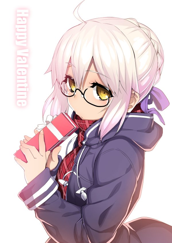 1girl, ahoge, artoria_pendragon_(all), black-framed_eyewear, blush, braid, braided_bun, closed_mouth