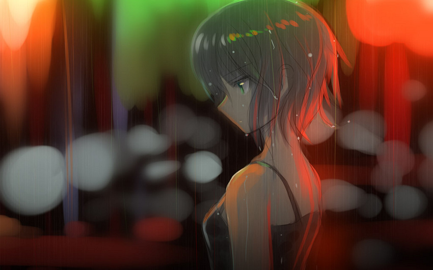 1girl, depressed, grey_hair, green_eyes, green_hair, looking_down, okaka, profile