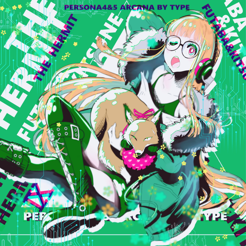 1girl, absurdres, ahoge, animal, arm_up, bangs, behind-the-head_headphones, black_footwear