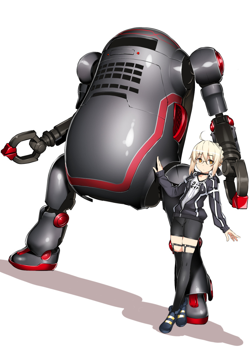 1girl, ahoge, artoria_pendragon_(all), bike_shorts, black_choker, black_jacket, black_legwear, braid