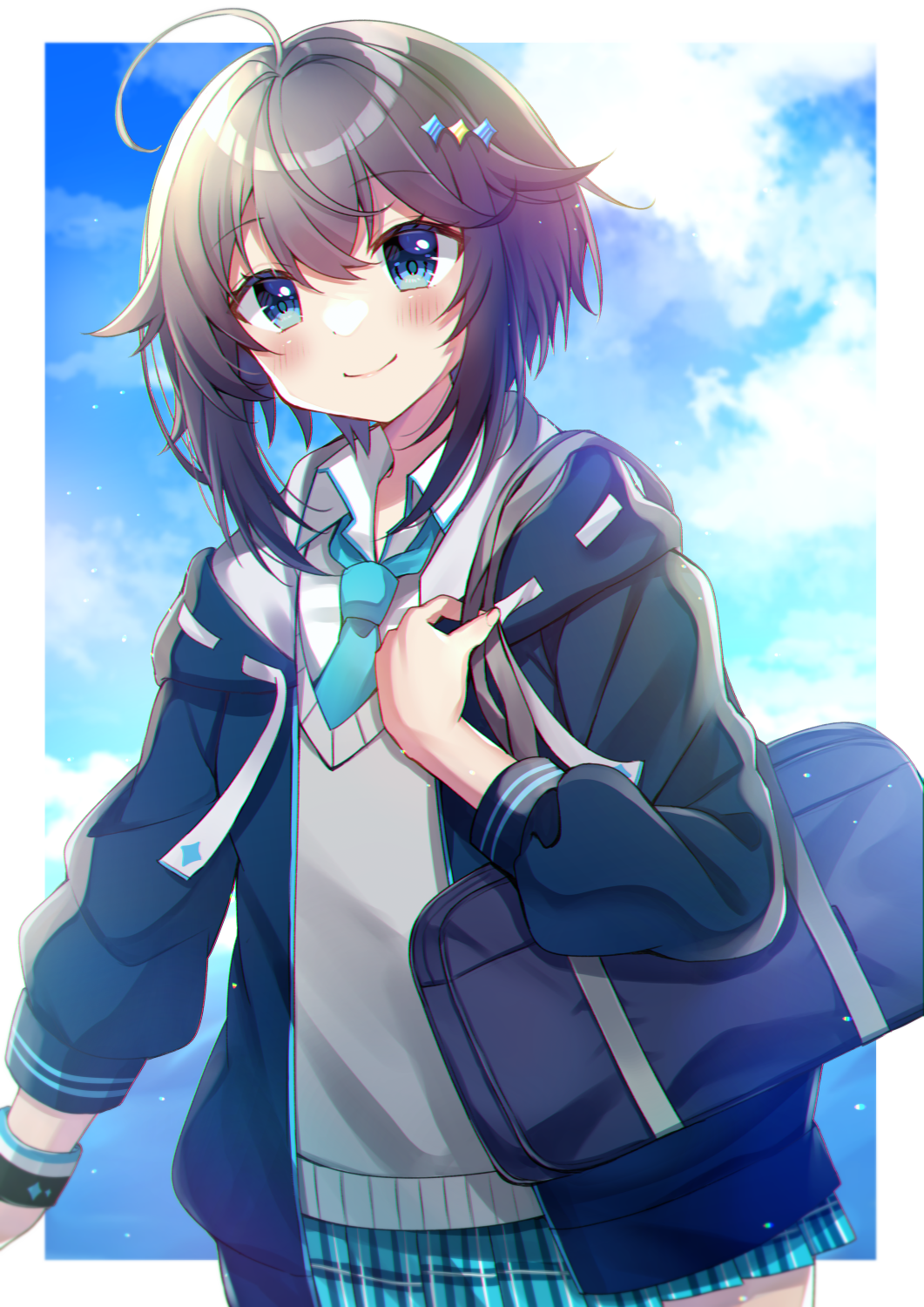 1girl, bag, bangs, black_hair, blue_eyes, blue_jacket, blue_neckwear, blue_skirt