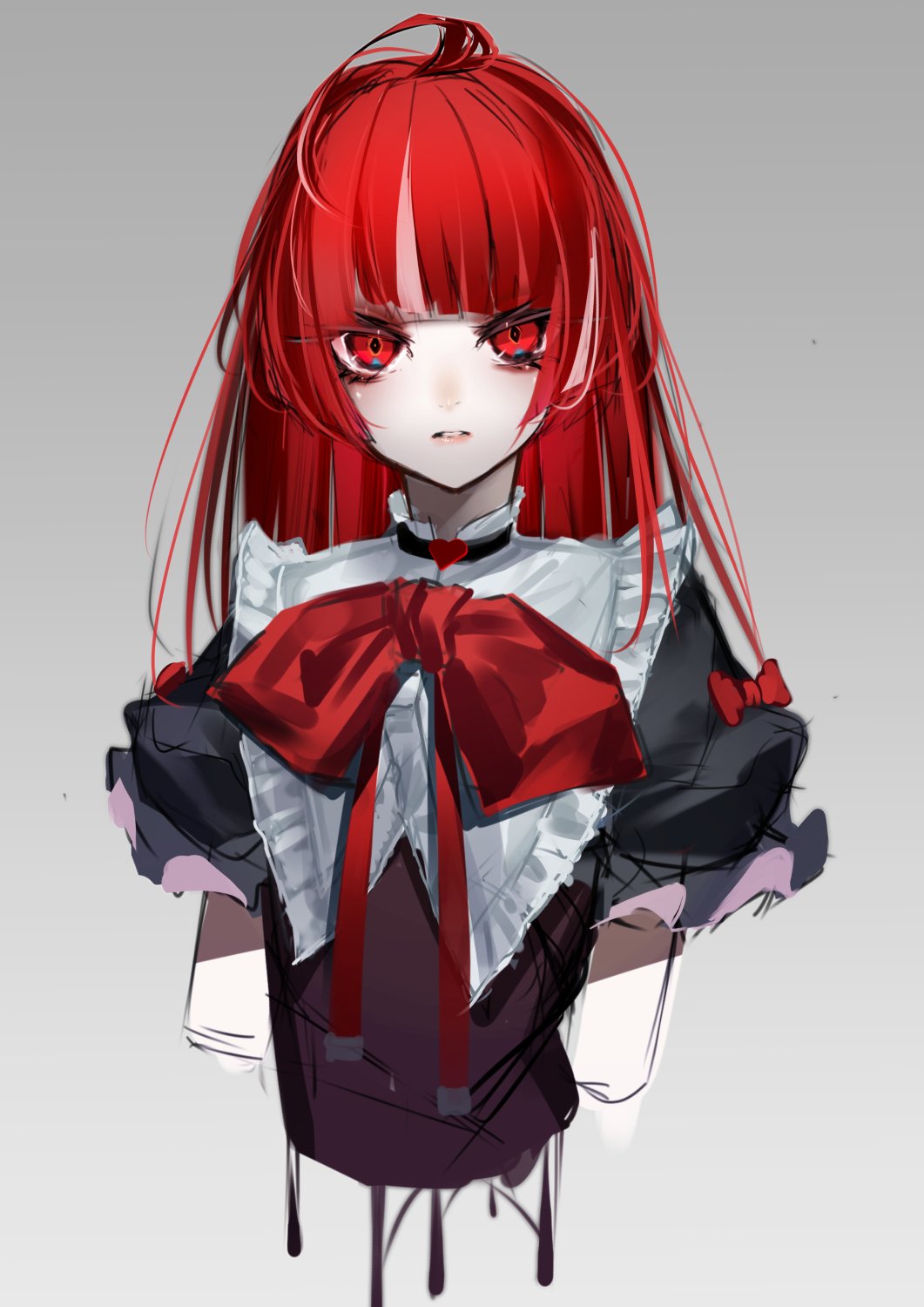1girl, ahoge, bangs, black_dress, bow, cropped_torso, doryudory, dress