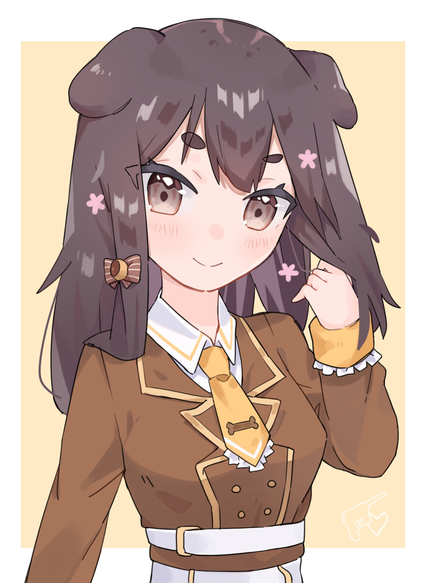 1girl, absurdres, animal_ears, belt, brown_eyes, brown_hair, brown_jacket, collared_shirt