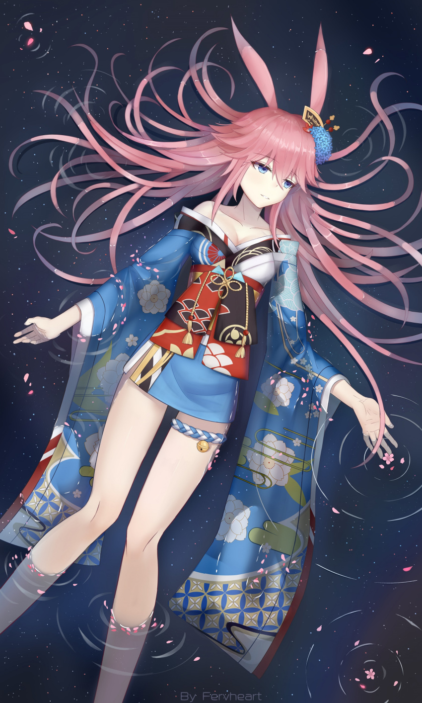 1girl, absurdres, alternate_eye_color, animal_ears, bangs, blue_eyes, blue_flower, blue_kimono
