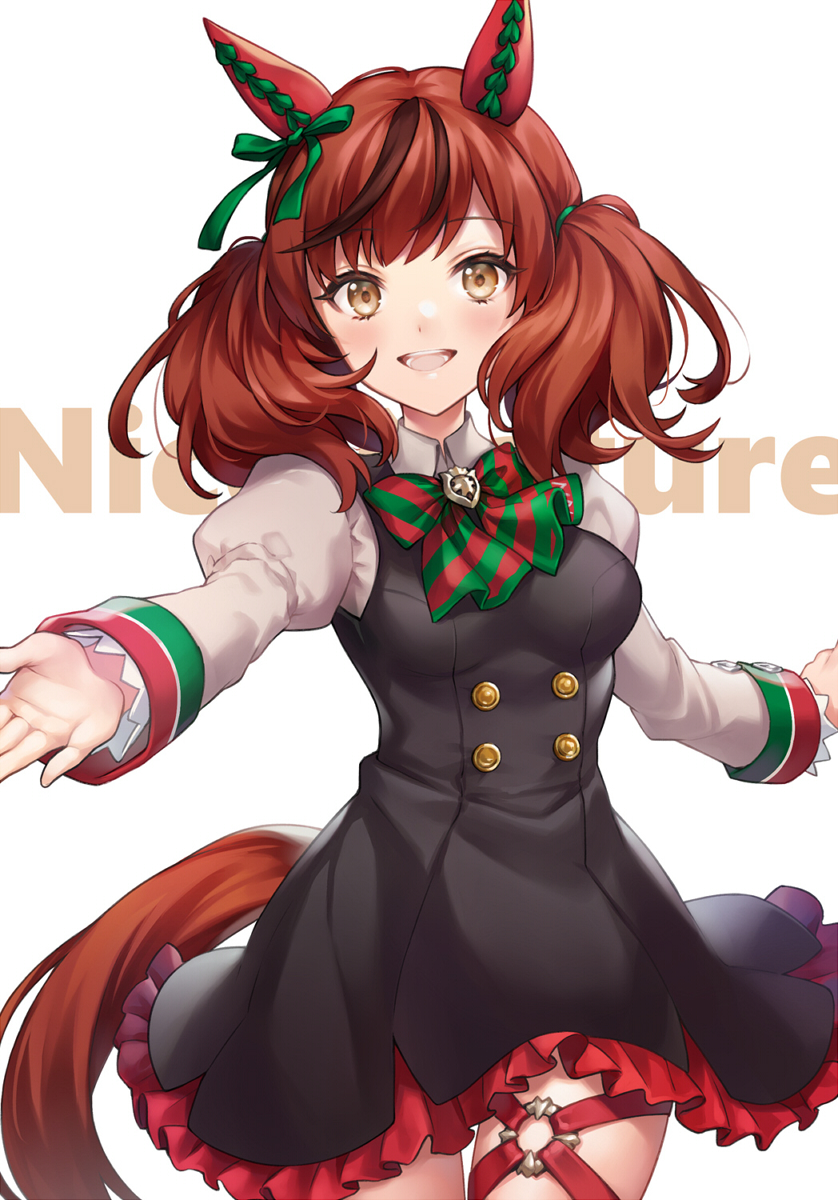 1girl, :d, animal_ears, background_text, bangs, black_dress, bow, brown_eyes